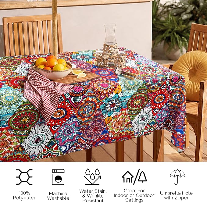 Outdoor Tablecloth with Umbrella Hole and Zipper, 60 x 84 Inch Vintage Rectangle Patio Table Covers for Spring/Summer, Machine Washable Picnic Table Cloth (Kaleidoscope, 60" × 84" Rectangular)