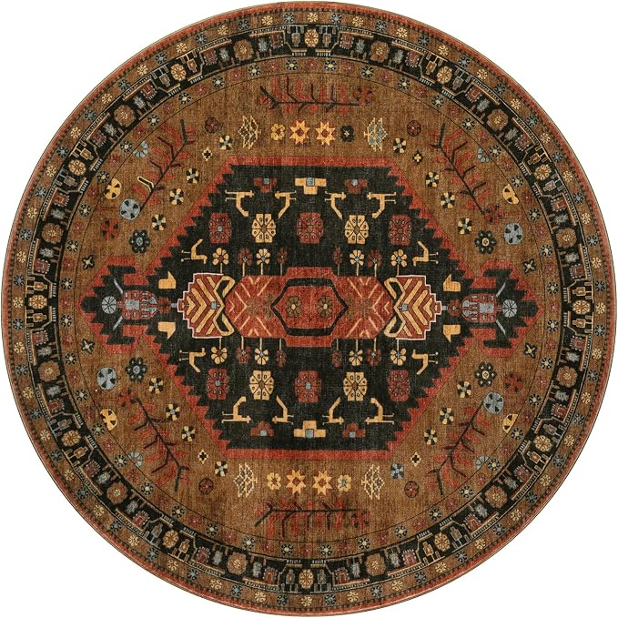 Ciicool 4ft Round Area Rug for Entryway,Washable Soft Circle for Kitchen | Vintage Non-Slip Low-Pile Oriental Indoor Mat Soft Boho Entry Carpet for Bedside Living Room Laundry Bathroom Dining Room