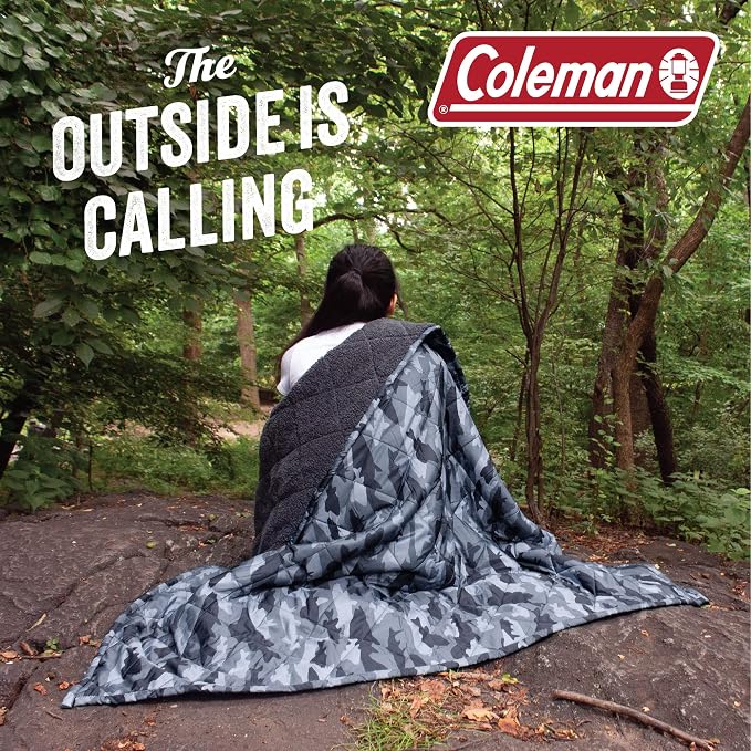 Cathay Home Coleman Indoor Outdoor Reversible Water Resistant and Sherpa Throw Blanket 50x60 Inch