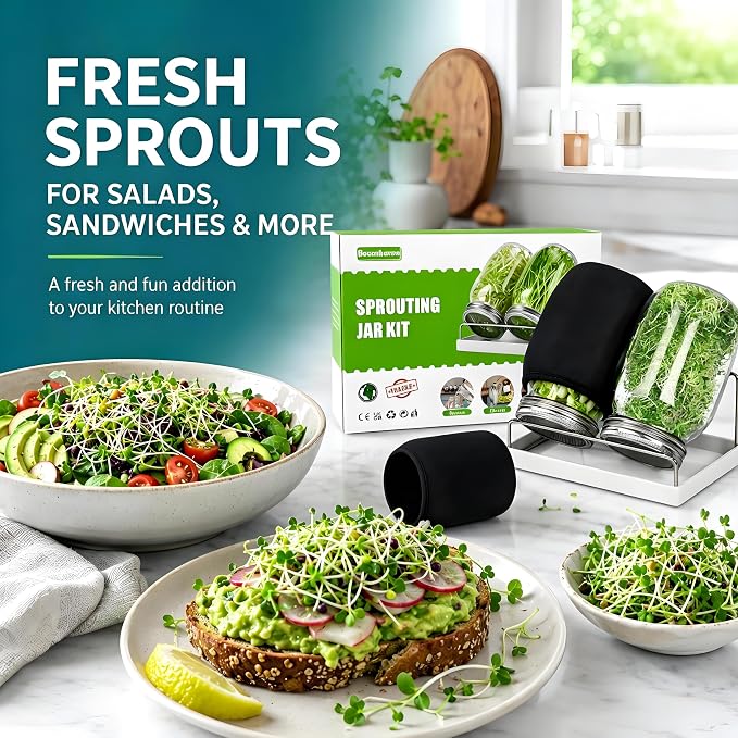 Premium Sprouting Jar Kit, 2Pack Wide Mouth Mason Jars with Mesh Sprouting Lids, Blackout Sleeves, Stand and Drip Tray, Professional Seed Sprouting Kit for Mung Bean, Broccoli Sprout Growing