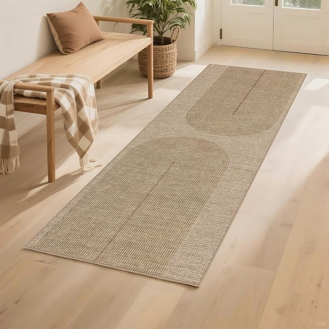 Outdoor Easy Jute Runner Rug: 2x6 Modern Natural Area Rugs for Front Patio Hallway Linen-Look Fabric Durable - Neutral Washable Mat for Entryway Kitchen Bedroom - Geometric Arch Pattern