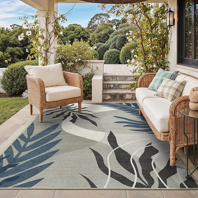 GENIMO Outdoor & Indoor Area Rug 8'x10', Waterproof, Non-Shedding, Easy Cleaning, Leaf Mat for Patio, Living Room, Balcony, Dining Room, RV, Deck, Bedroom, Camping, Outside Carpet, Blue Grey