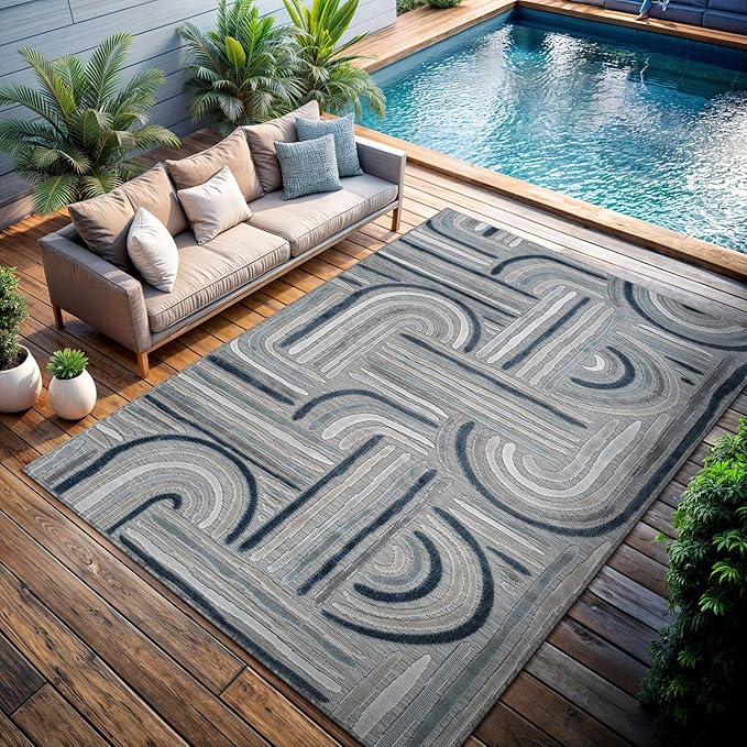 CAMILSON Indoor Outdoor Rug, Blue 9x12 Geometric Arch Striped Large Area Rugs for Patio and Home Areas, Easy-Cleaning Non-Shedding Living Room, Garden and Deck Washable Outside Carpet (9 x 12)