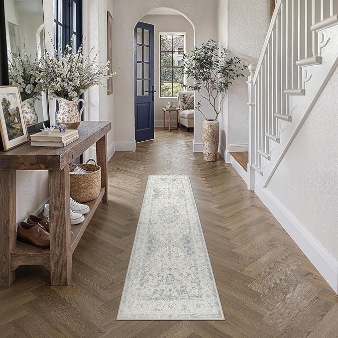 2x6 Blue Washable Runner Rug Non Slip Vintage Carpet | Low Pile, Stain Resistant, Living Room, Kitchen, Bedroom, Entryway, Laundry Room, Hallway, Soft, Thin, Lightweight