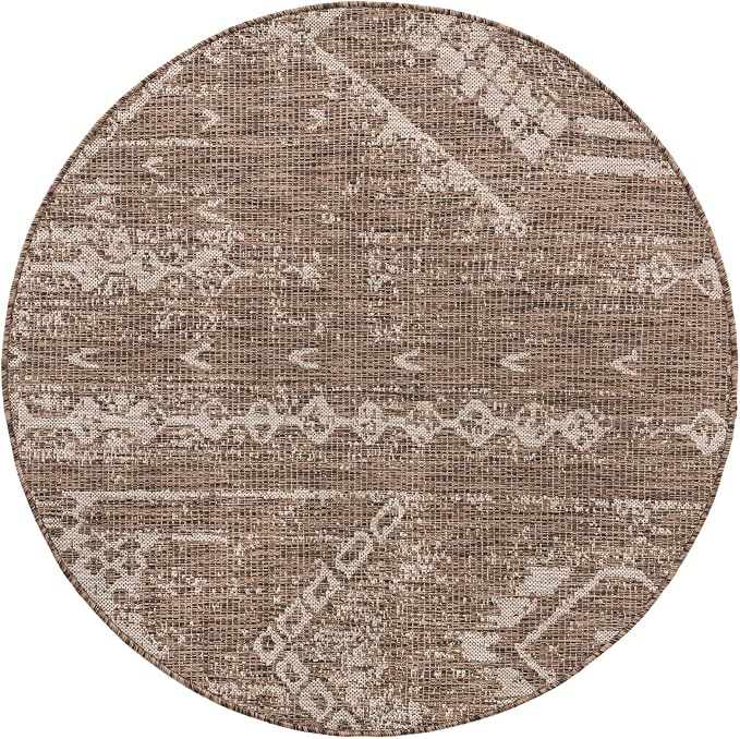 Unique Loom Outdoor Bohemian Collection Area Rug - Anthro (4' 1" Round, Brown/ Ivory)