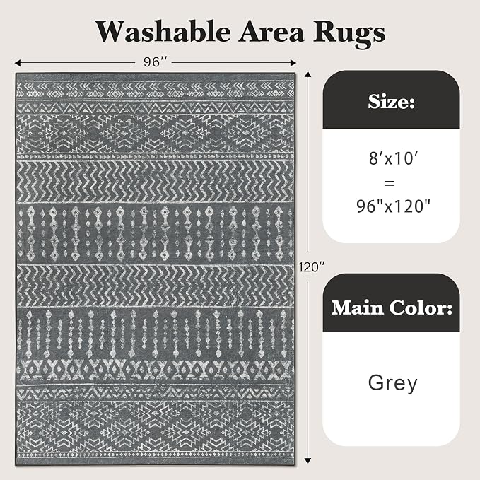 Art&Tuft Washable Rugs 8x10, Area Rugs for Living Room, Grey | Low Pile, Soft & Lighweight, Folable, Stain Resistant Indoor Floor Mat Moroccan Carpet for Bedroom, Dining Room, Home Office