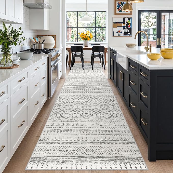 Miukiki 3x10 Runner Rug Washable Non Slip Runner Rug for Hallway Grey | Moroccan Kitchen Soft Low Pile Long Runner Rug for Entryway Living Room Bedroom Rug Stain Resistant Floor Carpet 3'x10'