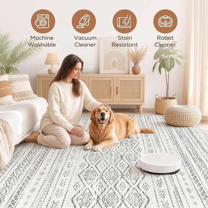Nakagishi Area Rug Living Room Rugs: 10x12 Large Soft Machine Washable Boho Moroccan FarmNeutral Stain Resistant Indoor Floor Carpet for Bedroom Under Dining Table Home Office Decor-Grey