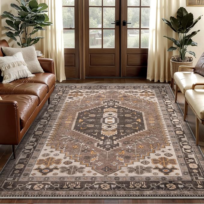 Ciicool Washable 4x6 Area Rug,Boho Non-Slip Indoor Mat for Entryway Kitchen | Oriental Hazel Low-Pile Soft Vintage Boho Indoor Entry Carpet for Bedroom Bedside Living Room Laundry Dining Room