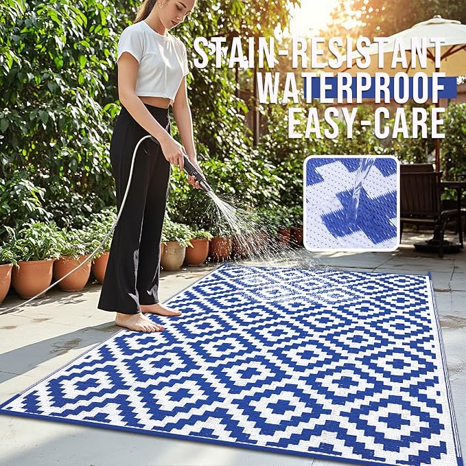 OLANLY Waterproof Outdoor Rug 9x12 ft, Outdoor Plastic Straw Rug for Camping, RV Mat Outside, Outdoor Carpet for Porch, Deck, Backyard, Balcony, Picnic, Blue & White