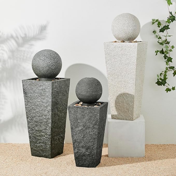 Glitzhome Water Fountain Outdoor with LED Light, Sphere Pedestal Outdoor Fountain, Modern Ball Waterfall Fountains Water Feature for Garden Patio Deck Porch, 31.7”H