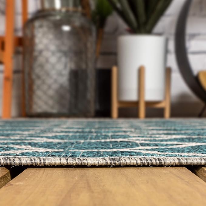 JONATHAN Y Moroccan Trellis Indoor Outdoor Round Area Rug 4 Ft Teal/Gray, Trebol Textured Weave for Backyard, Patio, Porch, Easy-Cleaning, High Traffic, Pet-Friendly, Non-Shedding (SMB109E-4R)
