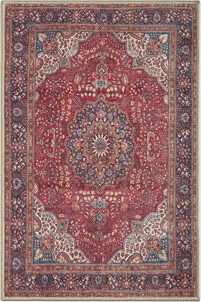 Keen Home Design Vintage Washable Entryway Rug, Non-Slip Low Pile, 2x3 | Machine Washable Cotton Chenille, 0.25In Low Pile, Rubber Non-Slip Back; Kitchen, Entryway, Bathroom, Bedside