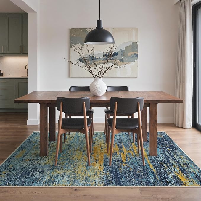 BEIMO 8x10 Washable Area Rug for Living Room, Wave Abstract Blue Orange | Soft Machine Washable Modern Rug,Streaks Pattern Non Slip Indoor Carpet for Dining Room Playroom Bedroom Office