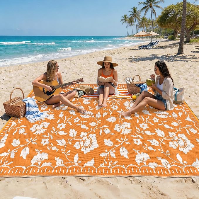 Garvee 5x8 RV Outdoor Rug Waterproof, Floral Outdoor Plastic Straw Rug with Portable Bag, Vintage Foldable Reversible Outside Rugs for Picnic Backyard Deck Balcony Porch Beach Camper, Orange