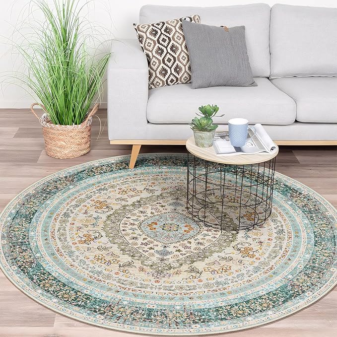 Round Area Rugs 5ft Washable,Blue Rug for Living Room Bedroom | Large Boho Vintage Bohemian Distressed Oriental Carpet Non Slip for Dining Room,Floral