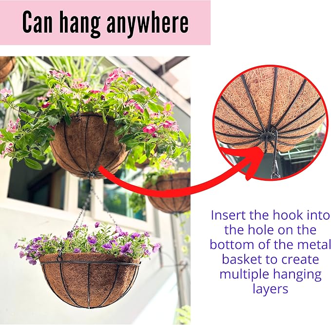 LaLaGreen Hanging Planters with Coco Liners (10 Pack, 12 Inch) Hanging Baskets for Plant Outdoor Hanging Plant Pot Flower Metal Wire Round Holder Hanger Hook Chain Deck Porch Garden Balcony Boho Decor