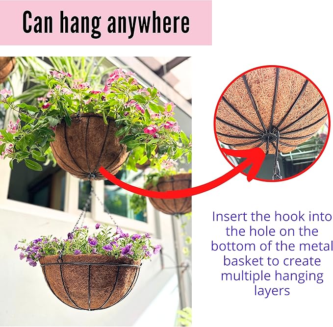 LaLaGreen Hanging Baskets for Outdoor Plants (2 Pack, 14 Inch) Large Hanging Planter with Coco Liner Round Flower Pots, Black Metal Wire Plant Holder Hook Deck Porch Modern Garden Balcony Boho Decor