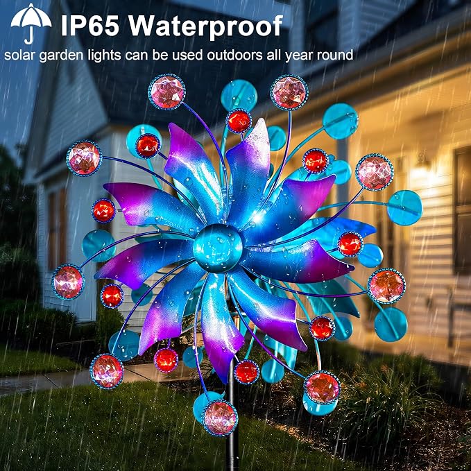 Solar Wind Spinner Outdoor - Metal Kinetic Wind Sculptures with Sparkling Jeweled Ornaments, Blue & Purple Gradient Dual-Direction Spinner, Solar LED Glass Ball Yard Art for Garden Patio Decor