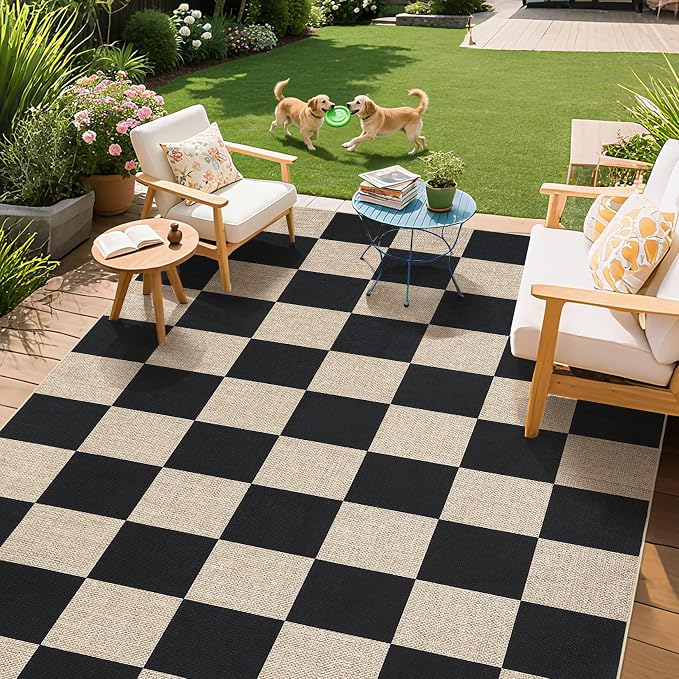GarveeHome Checkered Easy Jute 3x5 Entryway Rug Machine Washable Outdoor Patio Rug Non-Slip Backing Checkerboard Black Indoor Outdoor Carpet for Hallway Bathroom Kitchen Bedroom