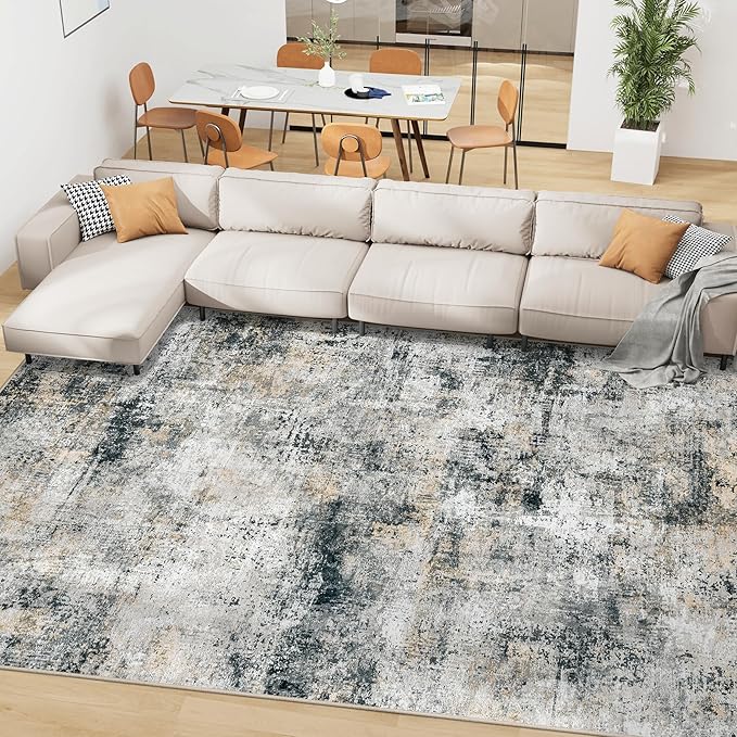 9x12 Area Rugs for Living Room Abstract Washable Black Grey Brown Rug | With Anti-Slip Backing，Non-Shedding，Stain-Resistant，Soft Modern Large Carpet for Bedroom Dining Room Farmhouse Nursery