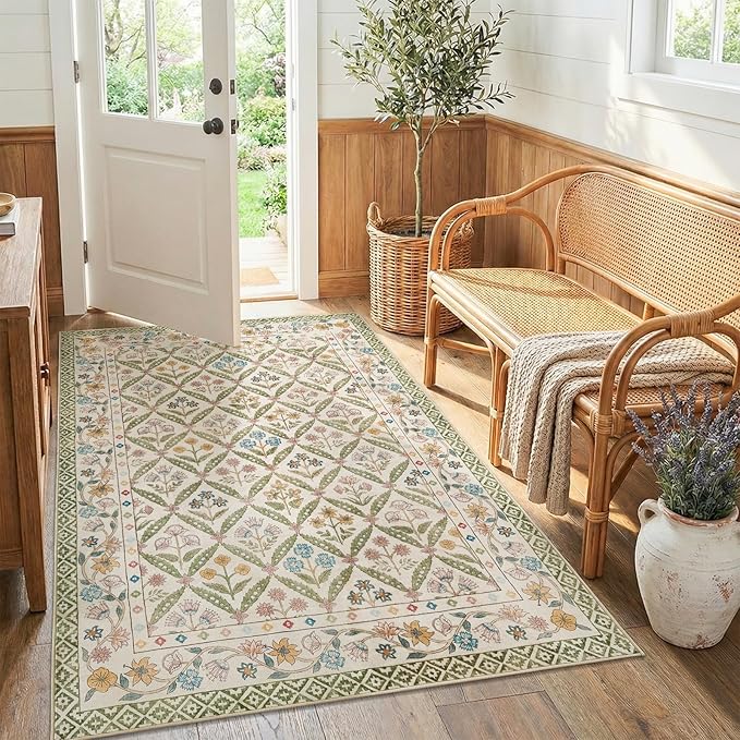 jinchan 4x6 Vintage Floral Washable Non Slip Bedroom Area Rug, Sage Green | Soft & Lightweight, Checkered Floral, Low Pile, Bedroom, Kitchen, Girls Dorm, Apartment, Small Living Room, Cottage Decor