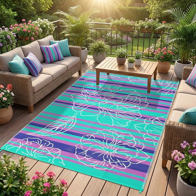 Garvee 6x9 Outdoor Waterproof Rug, Floral Outdoor Area Rug，Reversible Plastic Straw Patio Rug, Portable Camping Mat for RV, Picnic, Beach, Balcony, Garden & Camping Purple&Blue