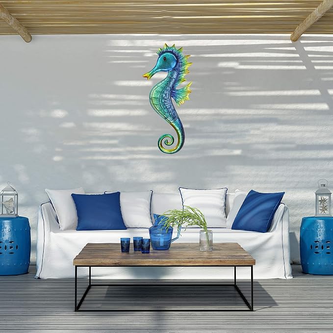 JOYBee 18inch Metal Large Seahorse Wall Art Decor,Christmas Decorations,Bathroom Ocean Glass Art Outdoor Hanging Beach Theme Decorations for Outdoor Indoor Kitchen Garden Patio,Porch or Fence