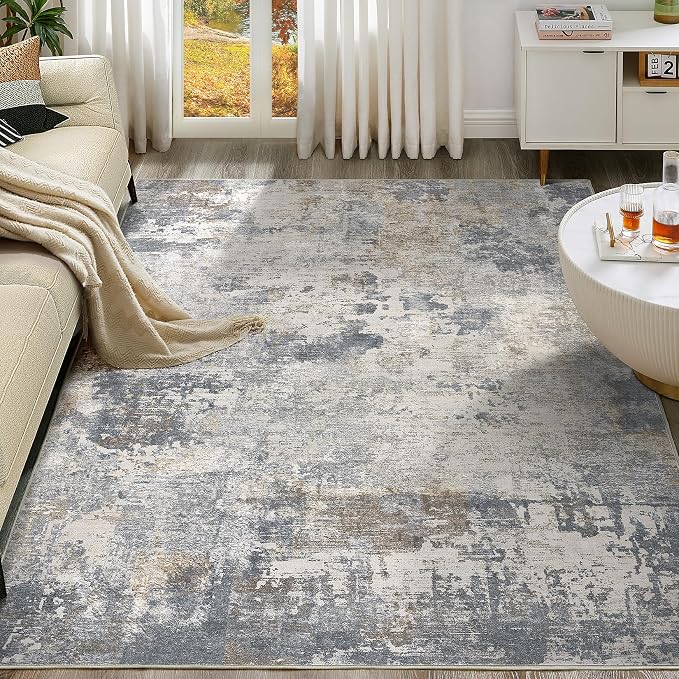 UERMEI 10x14 Area Rug Living Room Rugs - Washable Neutral Modern Abstract Soft Thin Large Rug Indoor Floor No Slip Rug Carpet for Bedroom Under Dining Table Home Office Decor - Blue Grey