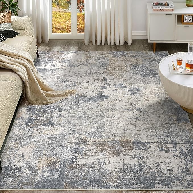 UERMEI 7x9 Area Rug Living Room Rugs - Washable Neutral Modern Abstract Soft Thin Large Rug Indoor Floor No Slip Rug Carpet for Bedroom Under Dining Table Home Office Decor - Blue Grey