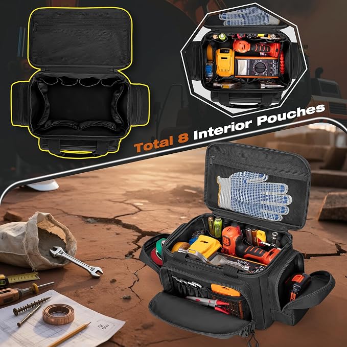 Small Tool Bag With Anti-Friction Bottom, 12-Inch Tool Organizer | Large Capacity, Top Full-Opening, Multiple Pockets, Padded Handles, Small Tool Box for Gardener, Technician, Electrician