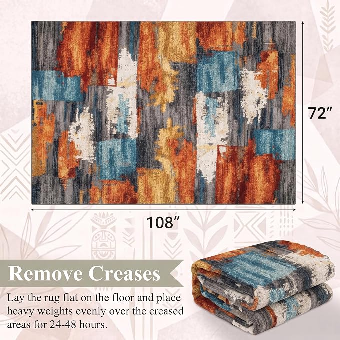 6x9 Burnt Orange and Teal Abstract Brushstroke Area Rug | Soft Low-Pile Machine-Washable Rug with Non-Slip Backing for Dining Rooms, Entryways and Reading Areas for Easy Everyday Care