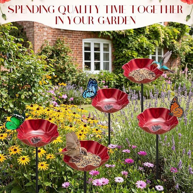 LemonRoad 6 Pcs Metal Bird Baths for Outdoors Flower Pattern Bird Bath Feeders with Metal Stake for Garden Yard Lawn Outdoor Decor (Red)