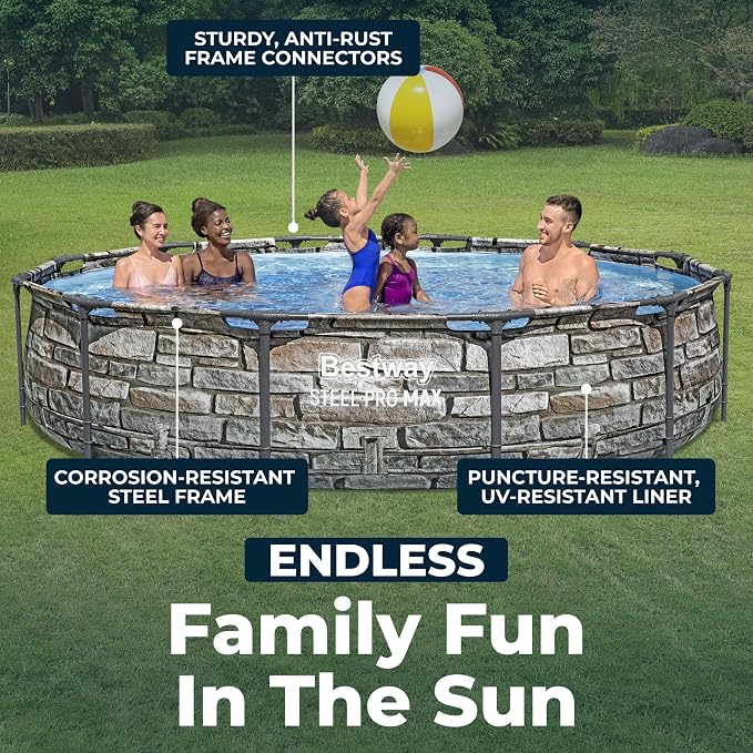 Bestway Steel Pro MAX 12' x 30" Above Ground Swimming Pool Set with Pump | Durable Round Metal Frame Outdoor Backyard Pool, Puncture-Resistant Liner - Type I Filter Cartridge Included, Stone Print