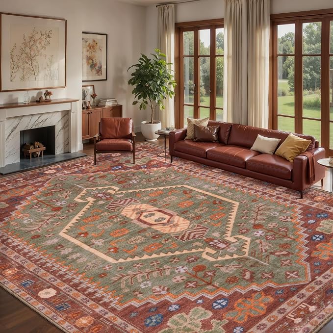 Ciicool Large 9x12 Area Rugs for Living Room,Washable Boho Throw Carpet | Oriental Low-Pile Soft Vintage Non-Slip Indoor Mat for Kitchen Bedroom Bedside Laundry Bathroom Dining Room Foyer Decor
