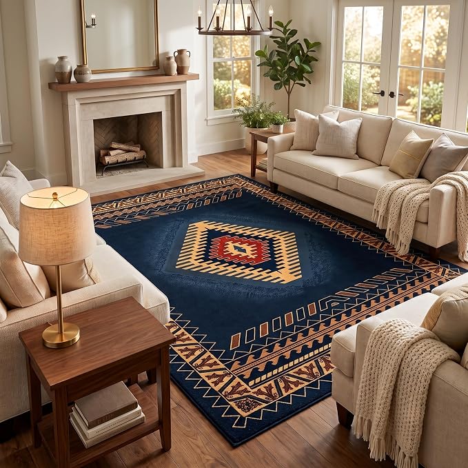 Southwestern Rug, 3x5 ft Geometric Medallion Design | Washable, Non-Slip, Low Pile, Living Room, Bedroom, Dining Room, Cabin Lodge and Farmhouse Decor