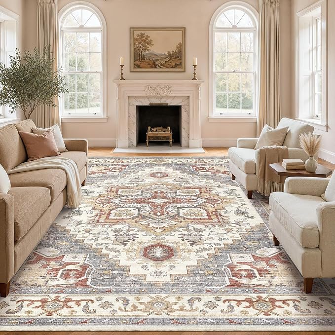 DTICON Vintage Washable 8x10 Area Rug Living Room Rugs, Orange Gray | Boho Distressed, Pet & Kid Friendly, Non-Slip Backing, Soft Polyester, Low-pile Carpet for Living Room, Bedroom, Dining Room