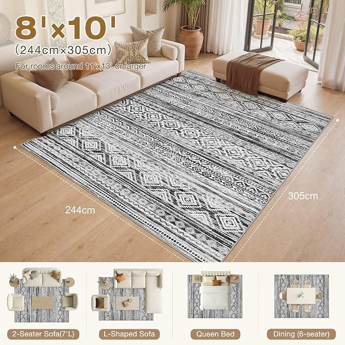 cotiled Boho 8x10 Area Rugs for Living Room: Large Moroccan Washable Rug | Modern Neutral Stain Resistan Carpet for Bedroom Farmhouse White Black