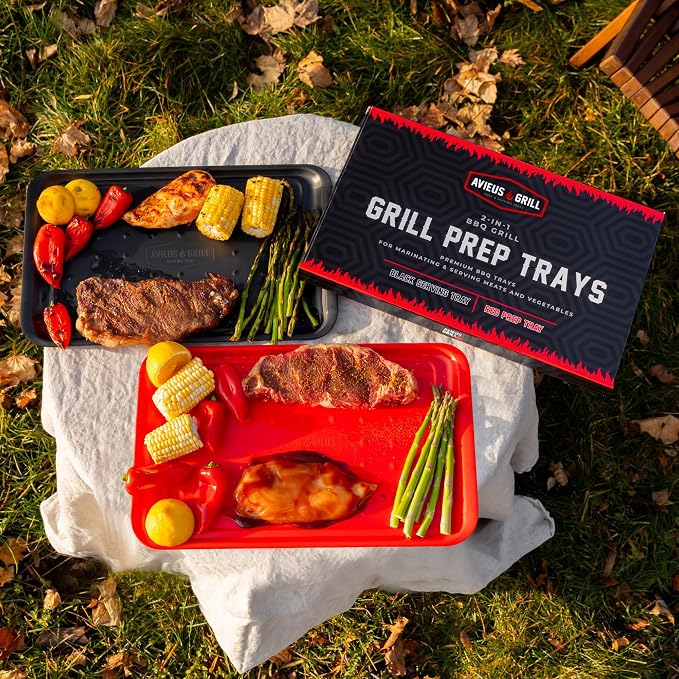 AVIEUS Grill Prep and Serve Trays | Set of 2 Stackable, Melamine Trays | Serving Tray & Marinating Tray | Serving Platter for Plating Food & BBQ Prep Tub for Marinating Meats | Grill Accessories |