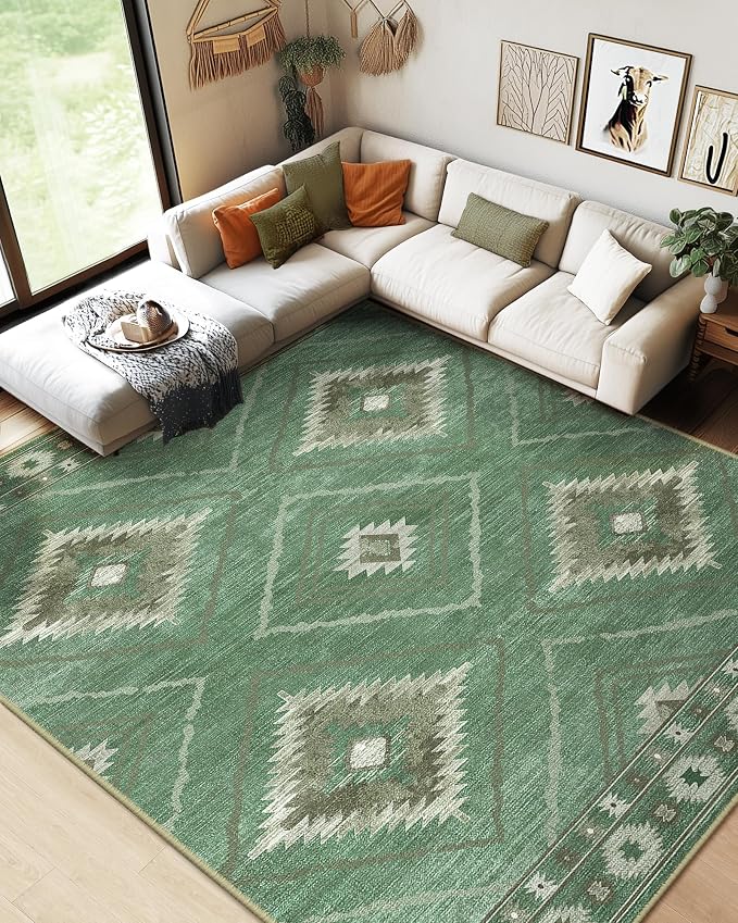 8'x10' Washable Area Rug for Living Room Bedroom Sage Green | Soft Western No Slip Low Pile Print Foldable Indoor for Kitchen Dining Room