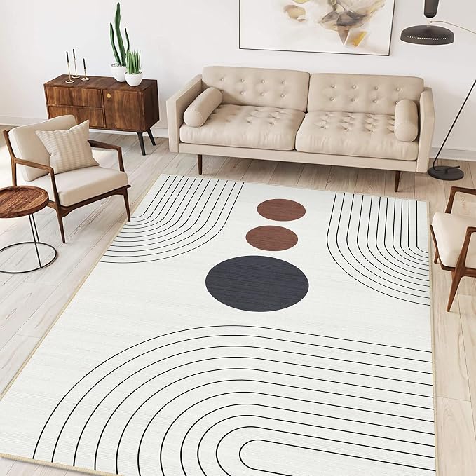 Boho Rug 4x6 Modern Geometric Minimalist Abstract Area Rug for Living Room Ivory Cream Mid Century Modern Contemporary Machine Washable Non-Slip Printed Low-Pile Carpet Dining Room Bedroom Office