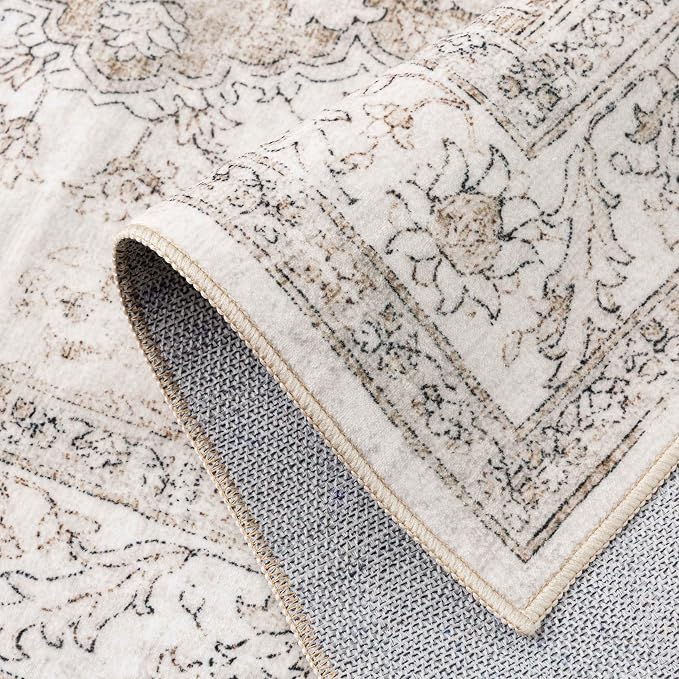 Beige 7x10 Washable Area Rug Vintage Oriental Medallion Carpet | Soft Low Pile, Non Slip, Stain Resistant, Large, Neutral Retro Decor for Living Room, Bedroom, Dining Room, Kids Room