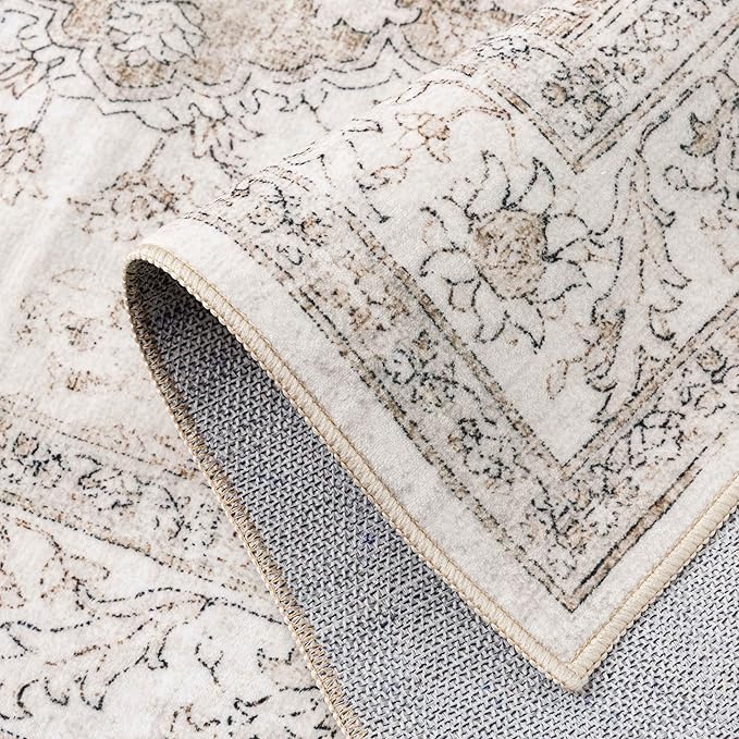 Beige 4x5 Washable Area Rug Vintage Oriental Medallion Carpet | Soft Low Pile, Non Slip, Stain Resistant, Neutral Retro Decor for Living Room, Bedroom, Dining Room, Kids Room