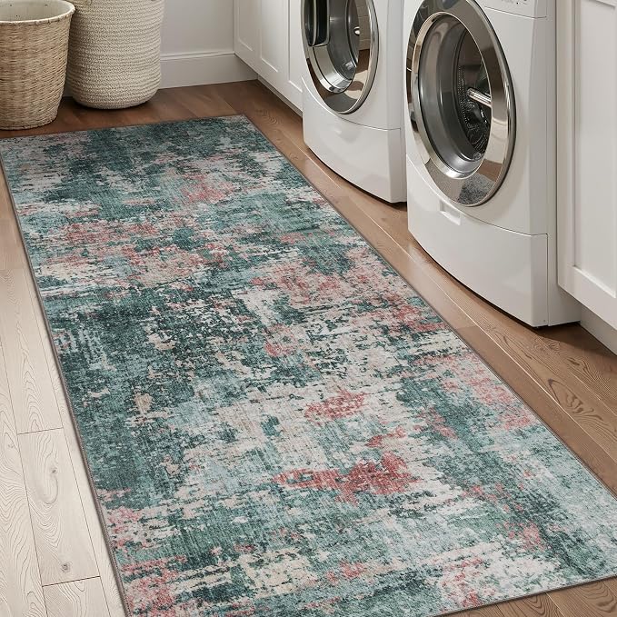 Sasttie 2x8 Runner Rug, Modern Abstract Hallway Carpet, Pink & Green | Machine Washable, Ultra-Soft Faux Wool, Low Pile, Non-Slip, Thin, for Entrance, Entryway, Kitchen & Laundry Room