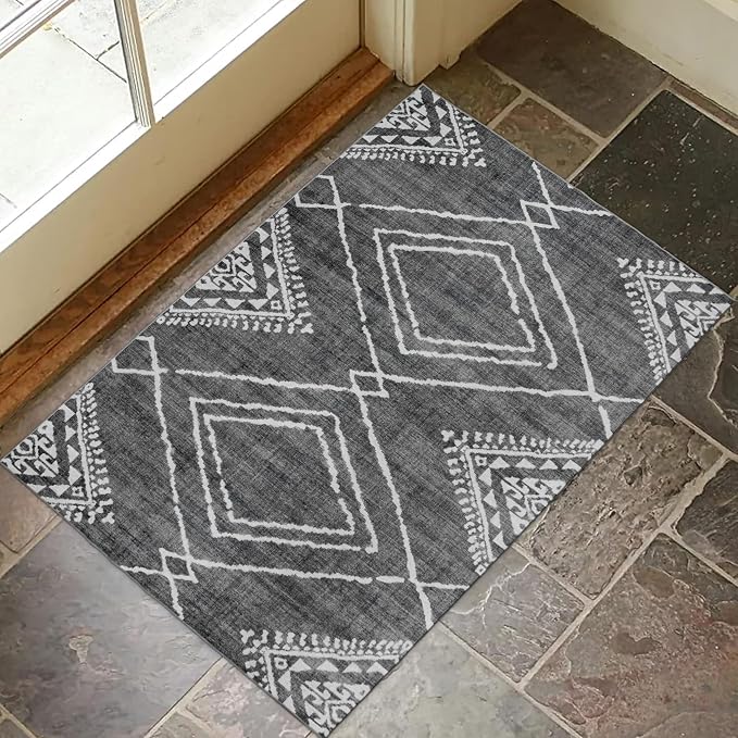 Machine Washable Area Rug - Living Room Bedroom Bathroom Kitchen Entryway Office - Non-Slip Crease Free Stain Resistant Premium - Moroccan Diamond Tribal- Jax - Gray- 2'x 3'