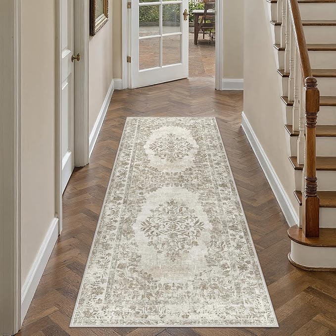 2x4 Washable Area Rug Entryway Cream Beige Vintage Doormat | Soft Low Pile, Non Slip, Stain Resistant, Floral Medallion, Neutral Retro Decor for Kitchen, Bathroom, Bedroom, Office
