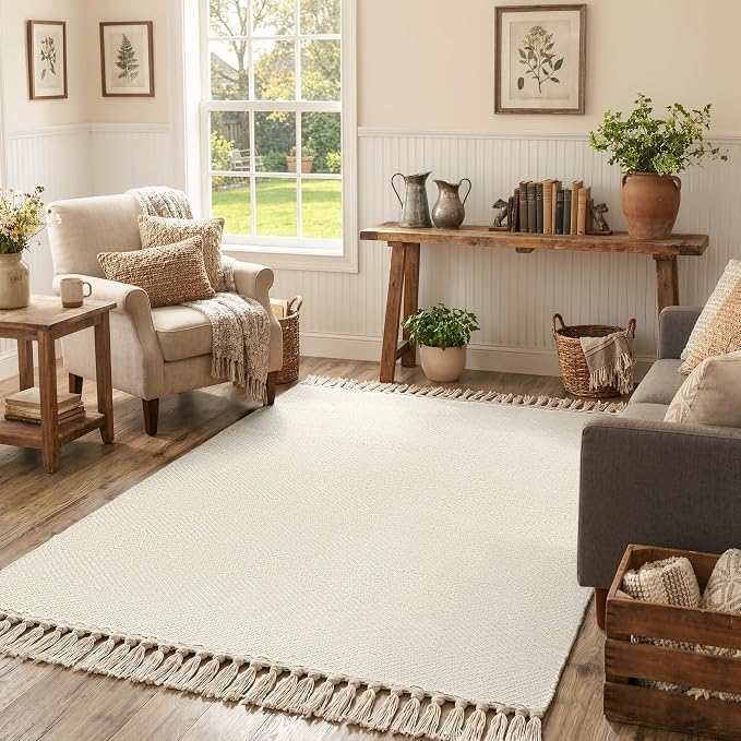 4' x 6' Bedroom Area Rug, White Modern Indoor Outdoor Rug | Boho Farmhouse Living Room Rugs, White Hand Woven Comfy Bedside Mats, Reversible Braided Dining Room Carpet for Nursery Patio