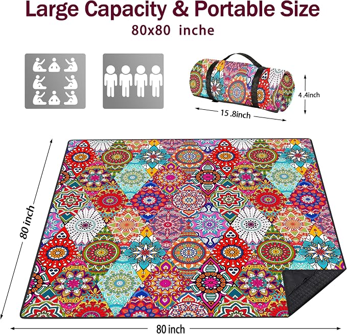 Picnic Blankets Beach Blanket 80" X 80" Extra Large Waterproof Camping Blankets Portable Outdoor Mat 3-Layer Blanket for Beach, Hiking, Park, Music Festival, Grass Lawn,Travel