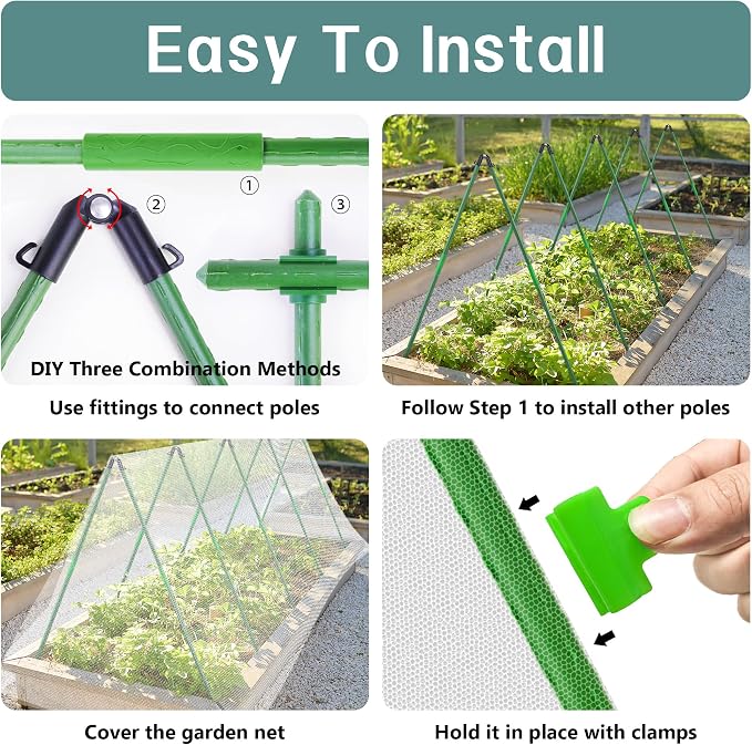 U0U Garden Mesh Netting Kit,7.8 x 24 Ft Ultra Fine Mesh Netting with Garden Hoops,Garden Netting Set for Raised Beds,Bird Netting Protection for Vegetable Plants Birds Animals Protection (White)