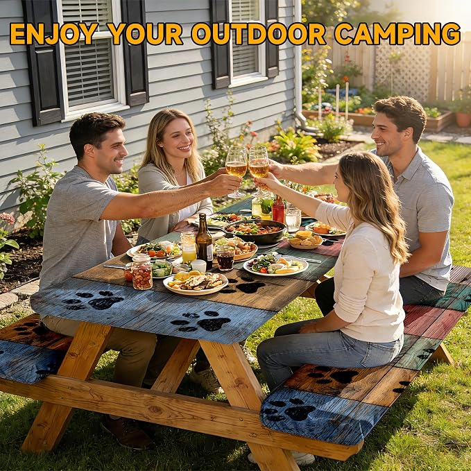 NYZE 3 Pieces Picnic Table Cover with Bench Covers Set, Camping Tablecloth, Tablecloth Cover with Drawstring Bag, Camping Essentials for Outdoor Picnics, Patio, BBQ (Paw Print Wood)